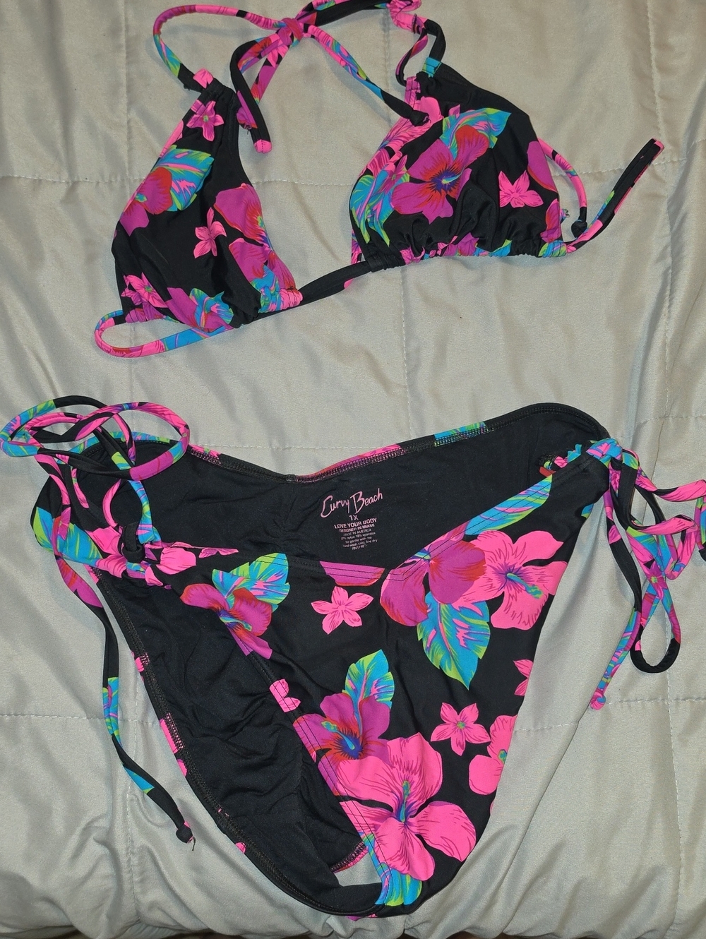Curvy Beach Black Floral Tie-Side Bikini Set in Pink
